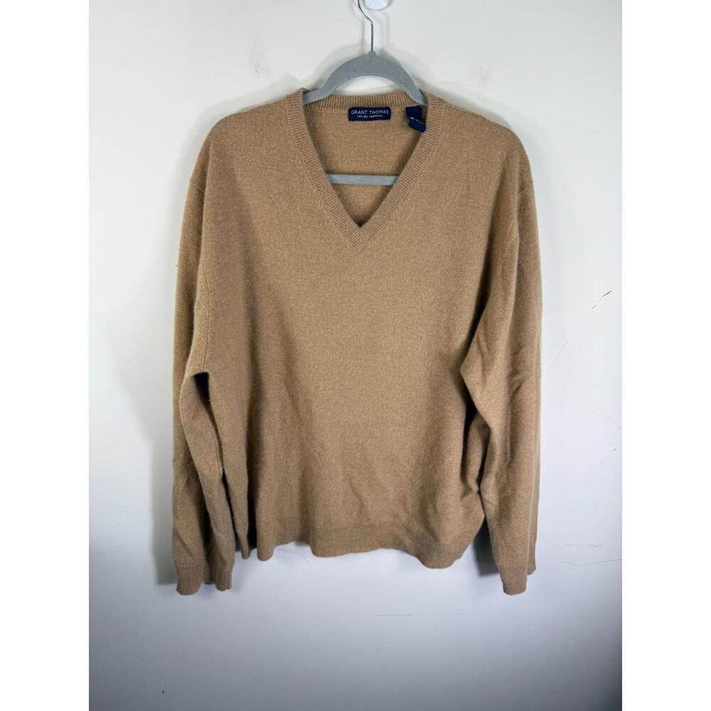 Grant Thomas Tan V Neck Long Sleeved Sweater Two Ply Cashmere XL